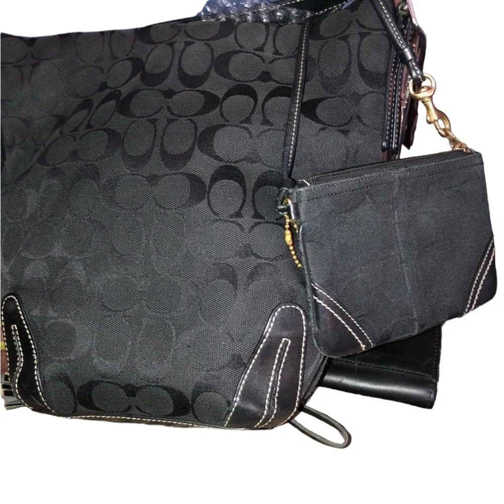 Coach black canvas monogram shoulder bag , leather trim see matching pieces